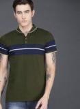 Wrogn Olive Green Striped Polo Collar T Shirt Men