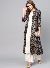 Aks Navy Blue & Golden Printed Longline Ethnic Jacket women