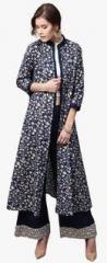 Aks Navy Blue Printed Long Jacket women