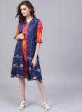 Aks Navy Blue Printed Longline Ethnic Jacket Women