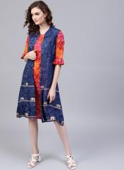 Aks Navy Blue Printed Longline Ethnic Jacket women