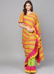 Aks Orange & Green Leheriya Print Saree women