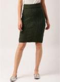 All About You Olive Self Design Pencil Mini Skirt Women