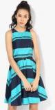 Allen Solly Navy Blue Coloured Striped Skater Dress With Belt women