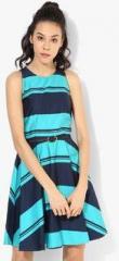 Allen Solly Navy Blue Coloured Striped Skater Dress With Belt women