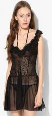 Angels Secret Black Solid Babydoll With Panty women