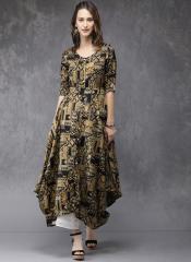 Anouk Beige & Navy Blue Printed A Line Kurta women