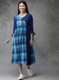 Anouk Blue Checked Fit & Flare Dress Women