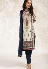 Anouk Off White & Navy Blue Printed Kurta with Trousers & Dupatta women