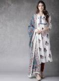 Anouk Women White & Maroon Printed Kurta with Churidar & Dupatta