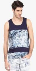 Atorse Navy Blue Printed Round Neck Vest men