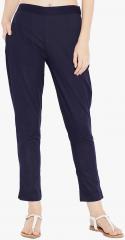 Aujjessa Navy Blue Solid Regular Fit Coloured Pants women