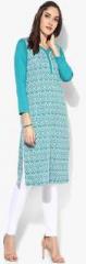 Aurelia Aqua Blue Printed Polyester Spandex Kurta women