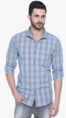 Basics Blue Checked Slim Fit Casual Shirt men