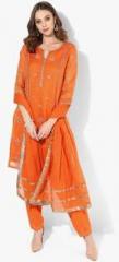 Biba Orange Embroidered Poly Cotton Salwar Kameez Dupatta women