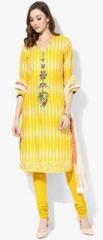 Biba Yellow Printed Cotton Churidar Kameez Dupatta women