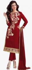 Blissta Maroon Embroidered Dress Material women