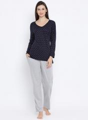 Clovia Blue & Grey Printed Night Suit Ls0429P08 women