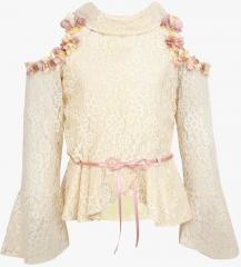 Cutecumber Beige Self Design Party Top girls