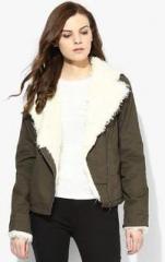 Dorothy Perkins Olive Solid Twill Biker Jacket women