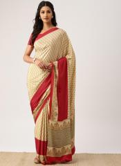 Drape Stories Beige & Red Printed Silk Blend Saree women