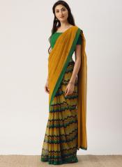 Drape Stories Mustard Yellow & Green Poly Georgette Printed Saree women