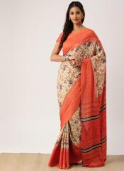 Drape Stories Orange & Beige Printed Silk Blend Saree