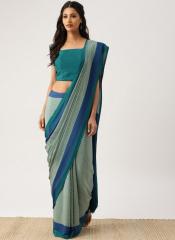 Drape Stories Teal Blue Printed Silk Blend Saree women