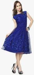 Elevate Women Navy Blue Embroidered Skater Dress women