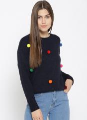 Esprit Navy Solid Pom Pom Detail Pullover women