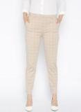 Ether Beige Regular Fit Checked Formal Trousers Women