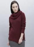 Ether Maroon Solid Sweater Women