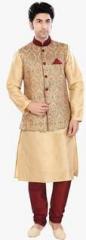 Fashion Curries Beige Solid Kurta Pyjama With Jacket men