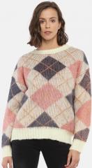 FOREVER 21 Women Off White & Pink Self Design Pullover Sweater