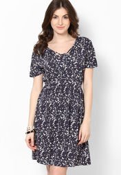 French Connection Dk Blue Half Sleeve Printed Dress Women