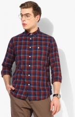 French Connection Maroon & Navy Blue Regular Fit Checked Casual Shirt men