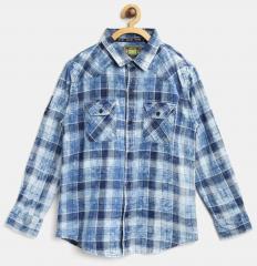 Gini And Jony Blue Regular Fit Checked Casual Shirt With Printed Detail On The Back boys