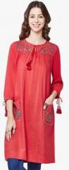 Global Desi Red Embroidered Cotton Viscose Tunic women