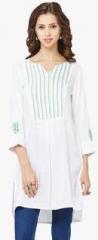 Global Desi White Embroidered Viscose Kurti women