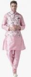 Hangup Pink Textured Kurta Pyjama With Ethnic Jacket Men