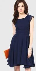 Harpa Navy Blue Colored Solid Skater Dress women