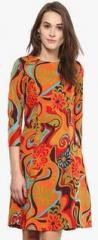 Harpa Orange Coloured Printed Shift Drerss women