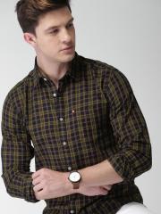 Harvard Men Mustard Yellow & Navy Blue Slim Fit Checked Casual Shirt