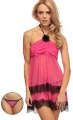 Heart 2 Heart Fuchsia With Black Lace Babydoll &Matching Thong women