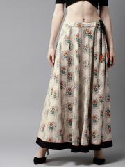 HERE&NOW Beige & Charcoal Grey Printed Maxi Flared Skirt