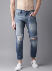 Here&now Blue Ankle Length Mid Rise Slim Tapered Fit Blue Slash Knee Jeans men