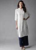 Here&now White & Navy Blue Printed Straight Kurta women