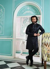 House Of Pataudi Black Embroidered Kurti with Churidar men