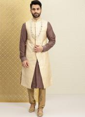 House Of Pataudi Cream Coloured & Brown ven Design Straight Kurta men