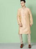 House of Pataudi Men Beige Woven Design Straight Kurta